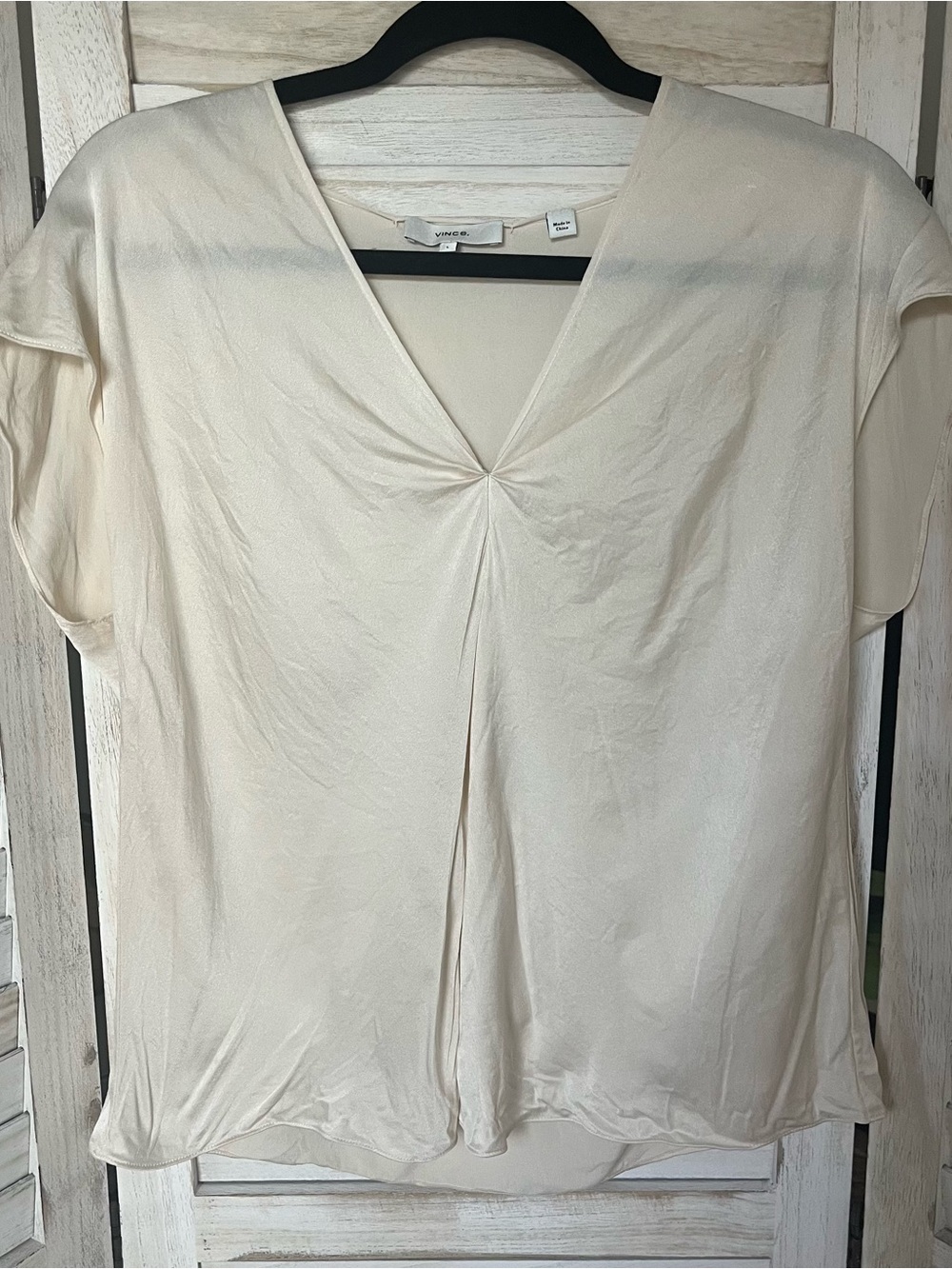 Vince Cream V-Neck Silk Twist-Front Blouse